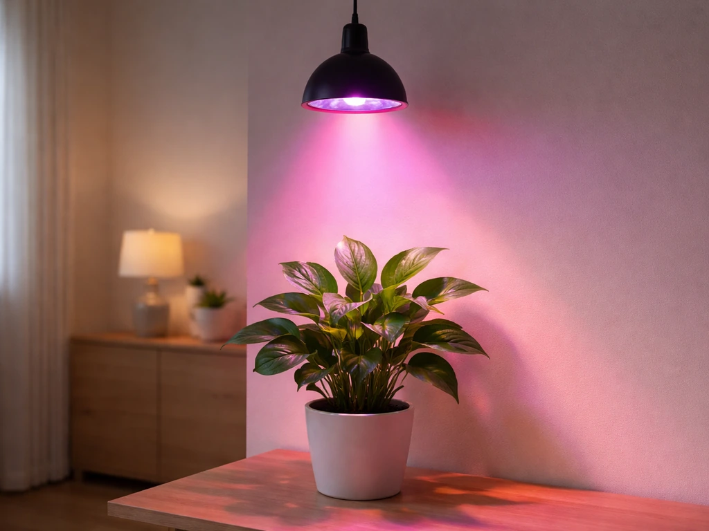 A potted plant under a grow light, with softer household light in the background.