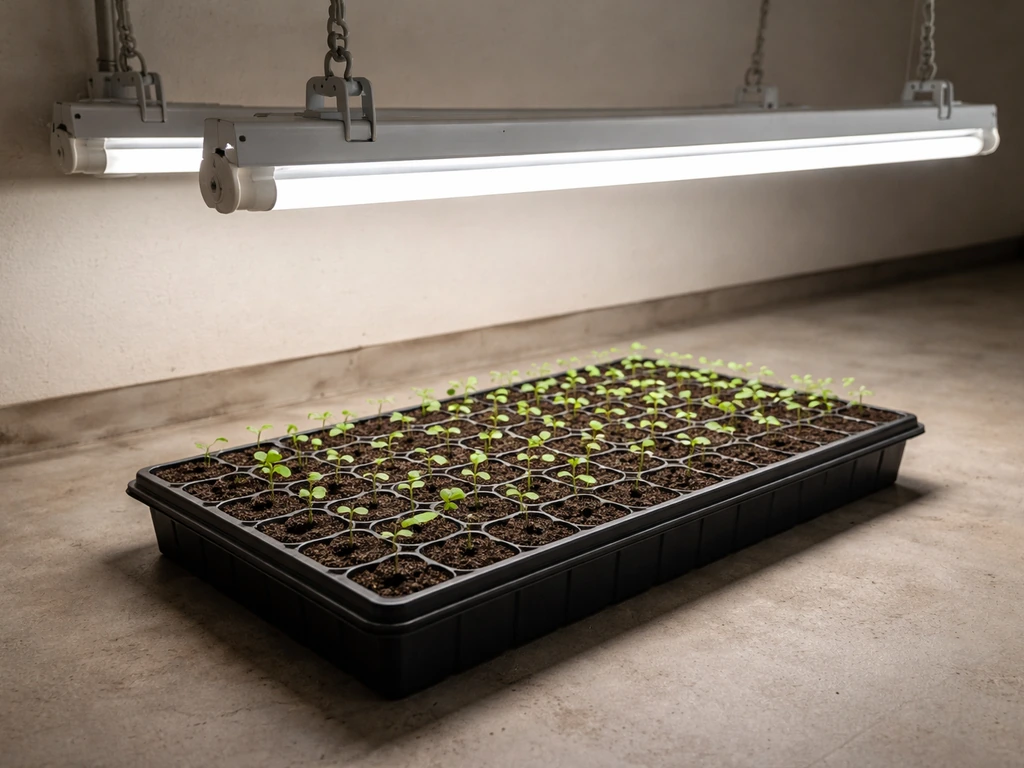 T8 fluorescent shop lights shining over a small seedling tray in a simple garage setup
