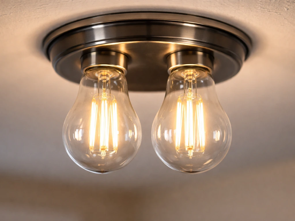 Close-up of full-spectrum daylight LED bulbs in a simple ceiling fixture, realistic natural light.