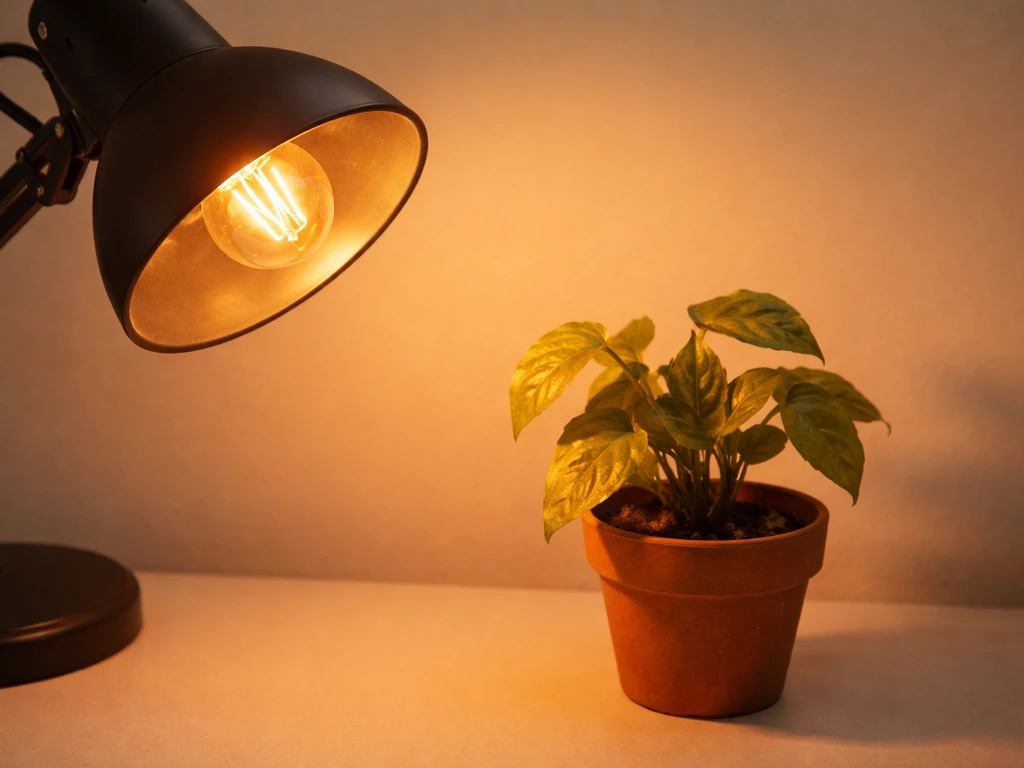 Halogen-style light bulb glowing over a small potted plant, showing mismatch with warm harsh light