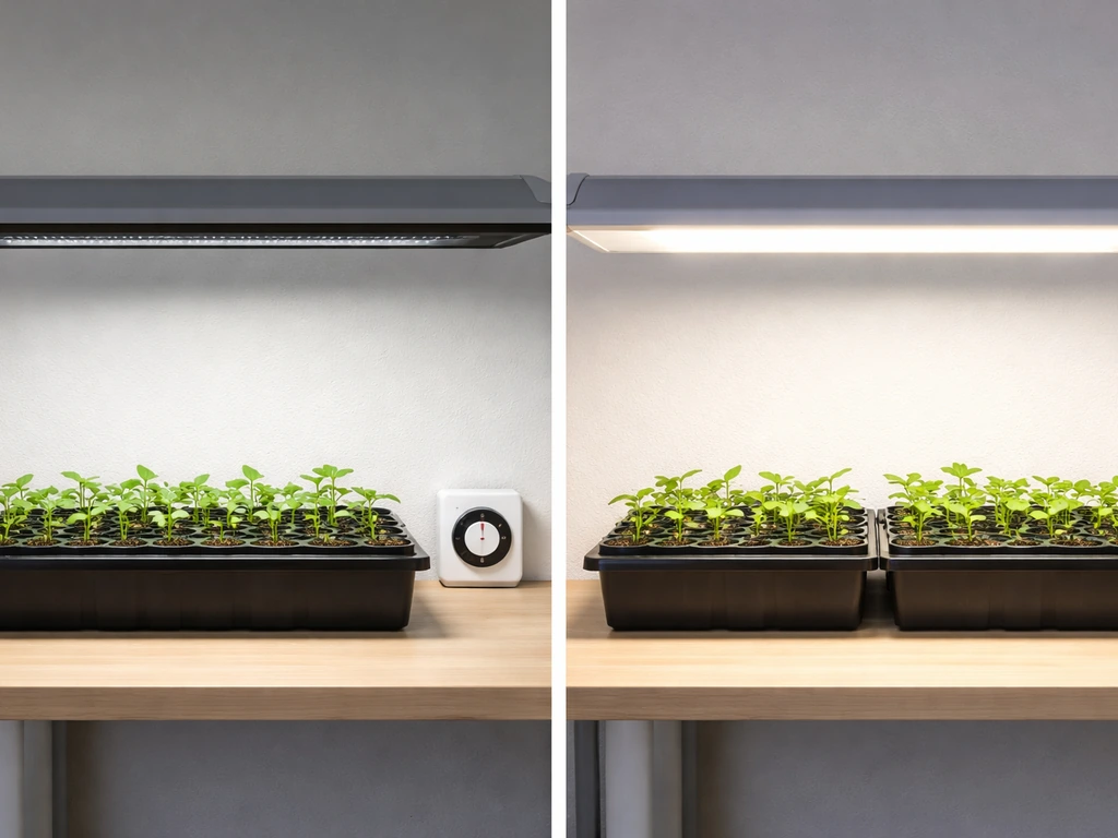 Two simple indoor plant light setups with one lit longer than the other using an unobtrusive timer.
