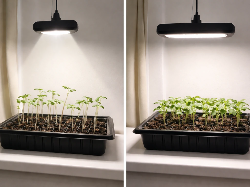 Side-by-side seedlings: leggy ones under a too-distant light and compact ones under a correctly placed grow light.