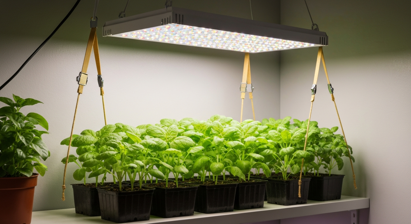 Indoor home grow setup with a full-spectrum LED panel suspended over healthy seedlings and herbs on a shelf.
