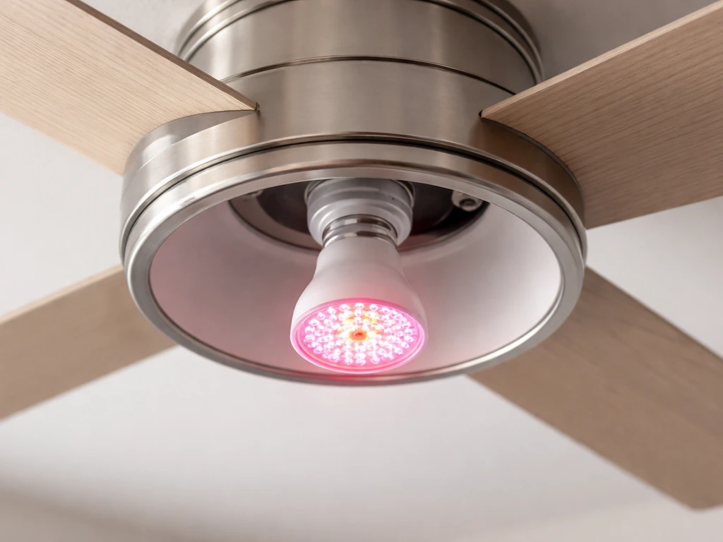 Ceiling fan light kit showing a grow-light bulb installed safely, close-up on fan housing and socket.