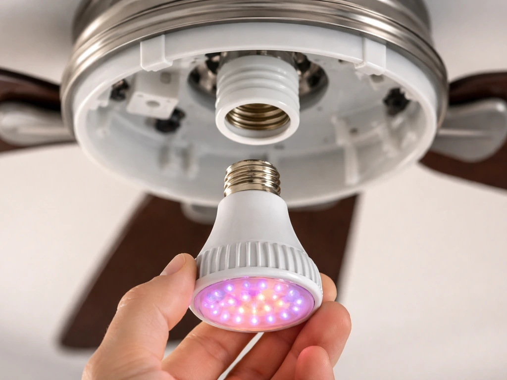 Ceiling fan light kit area with a grow-spectrum bulb shown near the socket, emphasizing clearance and fit.