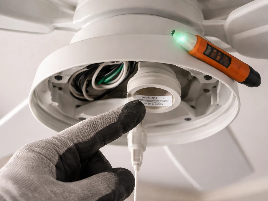 Hand reads a ceiling fan light-kit wattage label while a non-contact voltage tester sits nearby.
