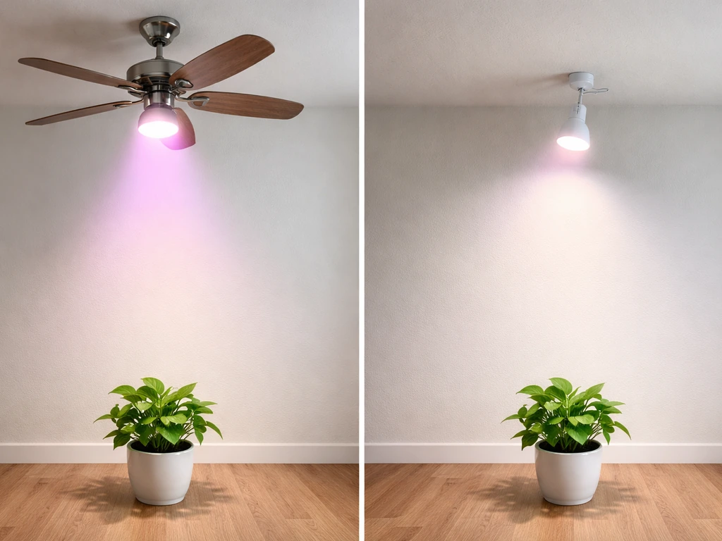 Ceiling fan–mounted grow bulb and a near-ceiling clip-on grow light aimed toward a potted plant
