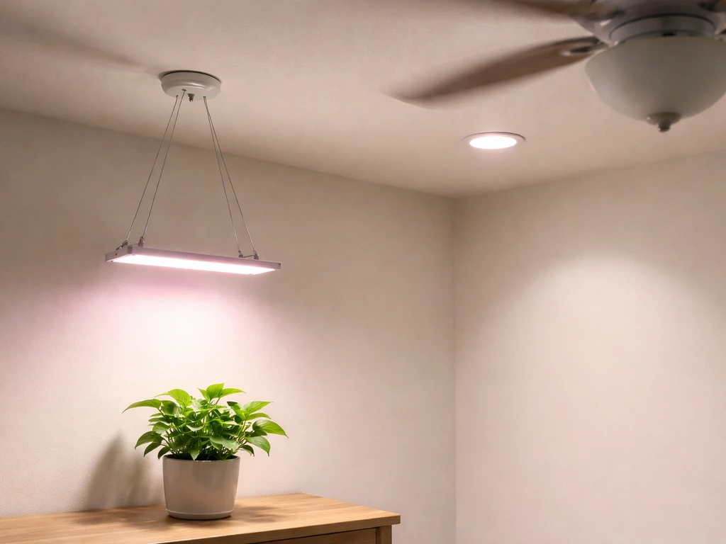 Overhead grow light and recessed grow fixture above a small potted plant, contrasted with a ceiling fan light kit.