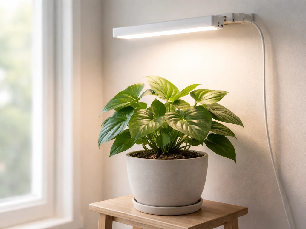 LED grow light mounted above a potted indoor plant in a bright modern home corner