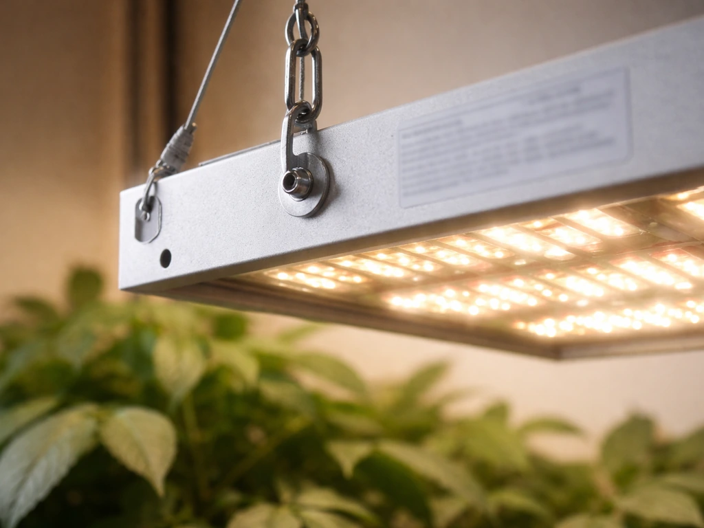 Close-up of an LED grow light fixture and hanging adjustment hardware with soft green plant leaves behind