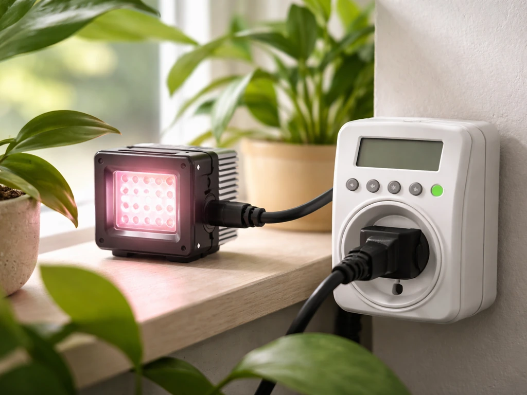 Close-up of an LED grow light plugged into a programmable timer controlling a houseplant’s daily light.