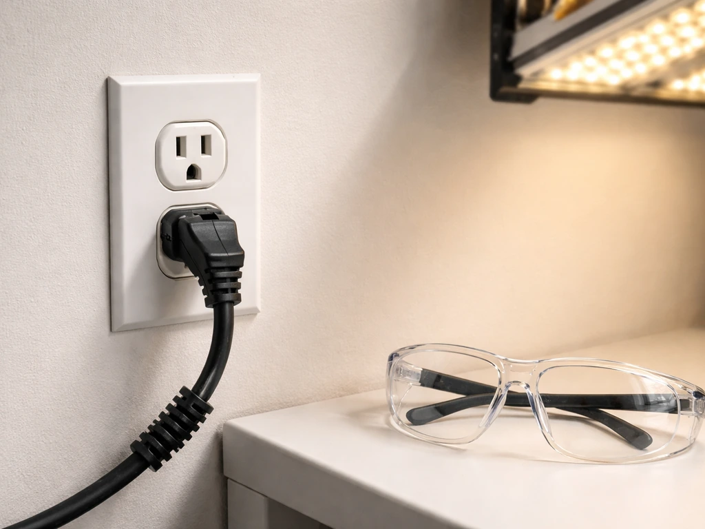 Close-up of a grounded outlet with a grow light plug and cord strain relief, plus safety glasses nearby.