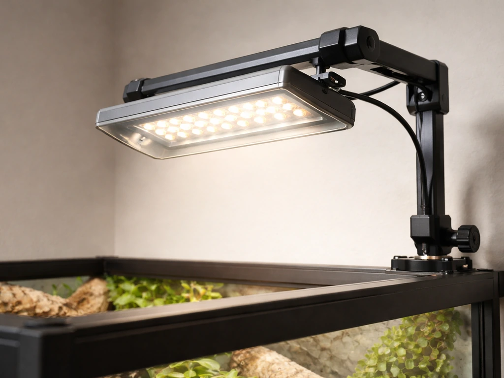 Close-up of a securely mounted LED grow light above a reptile enclosure with protective shielding