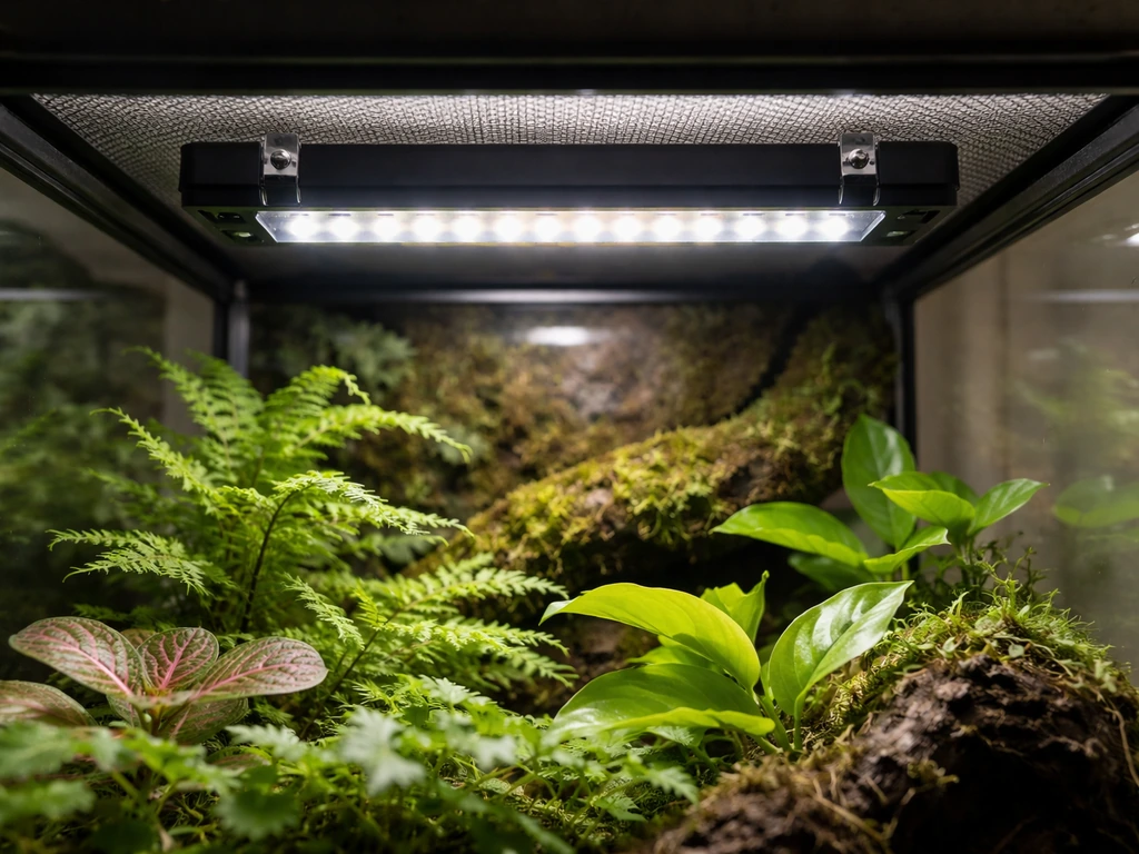 LED grow light mounted inside a planted vivarium 6–12 inches above the plant canopy.