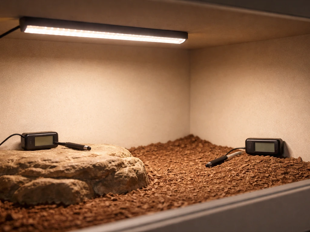Thermometer probes placed in a small reptile enclosure near LED grow light warm and cool sides.