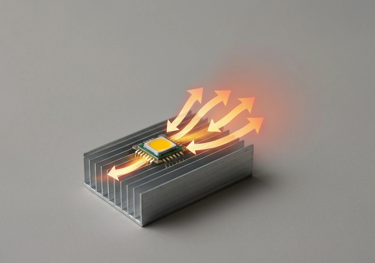 Macro view of an LED chip on a heatsink with subtle heat haze showing heat moving into the air.