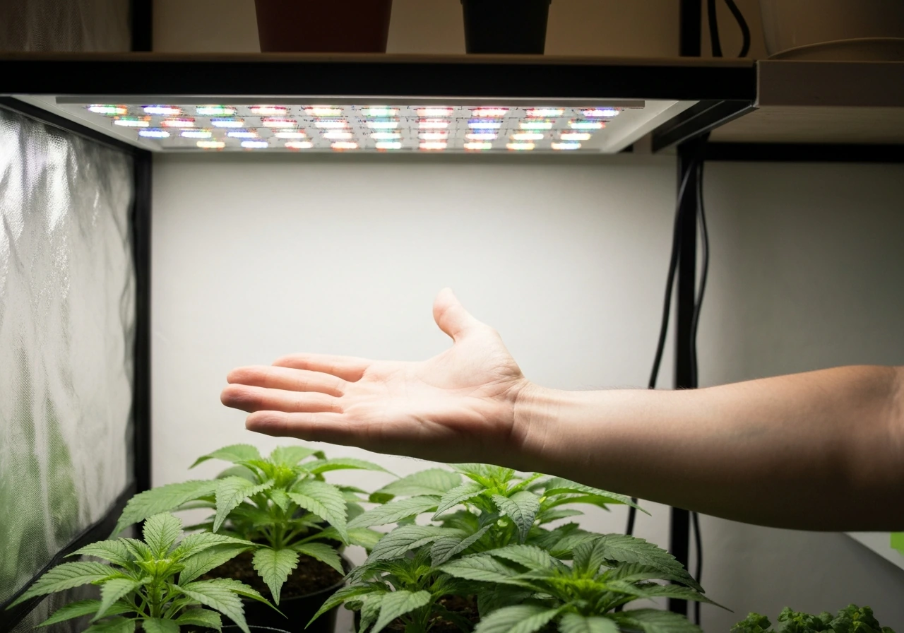 Bare palm held at canopy height next to a running grow light to check heat without tools.