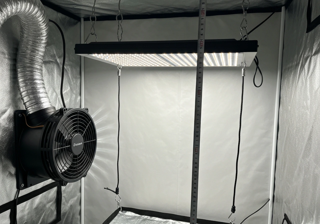 LED grow light hanging above canopy with a measure tape and running ventilation fan in a small grow tent