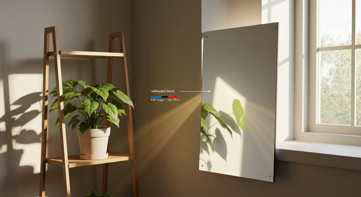 Indoor plant on a shelf receiving redirected sunlight from a mirror angled to bounce a sunbeam onto the leaves.