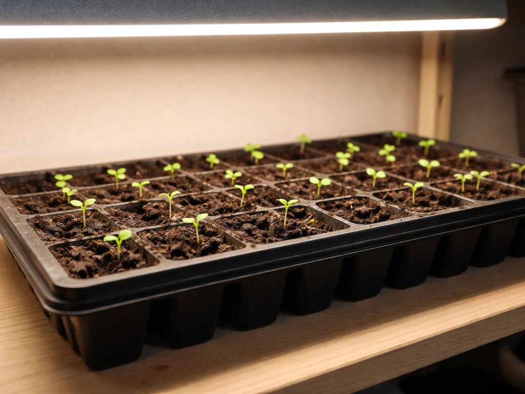 Seed tray with tiny cotyledon sprouts under a grow light in a clean indoor setting.