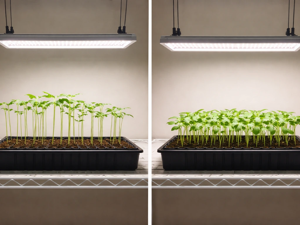 Two adjacent plant trays showing seedlings stretching when a grow light is too far vs. compact growth at correct height.