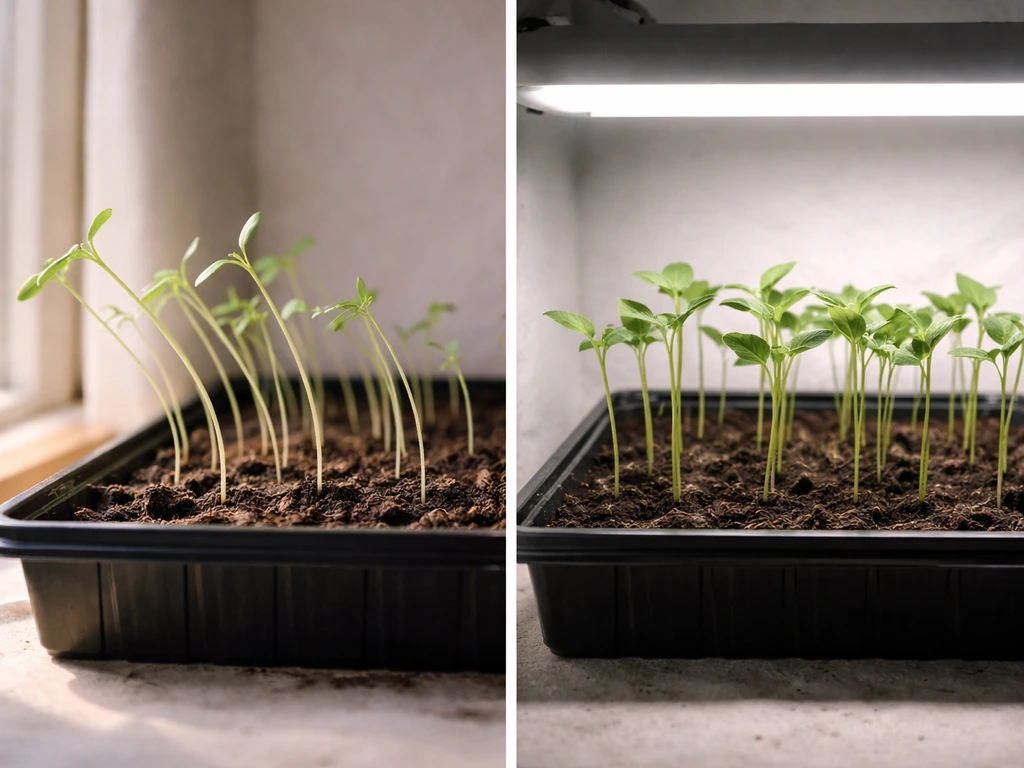 Split view of leggy seedlings reaching for light next to corrected upright seedlings under a grow light.