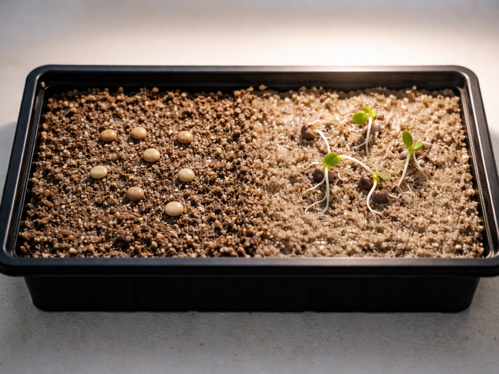 Top-down seed tray with a mix of intact seeds and cracked sprouting seeds under a grow light.