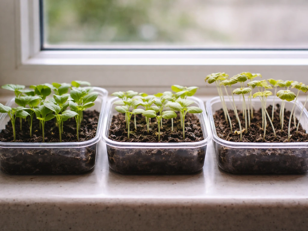 Three seedling trays: healthy compact, pale under-lit, and leggy over-lit seedlings on a windowsill.