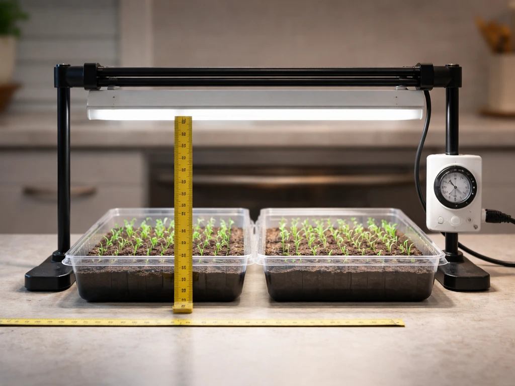 Grow light over seed trays with a ruler measuring the distance and a timer showing long daily hours.