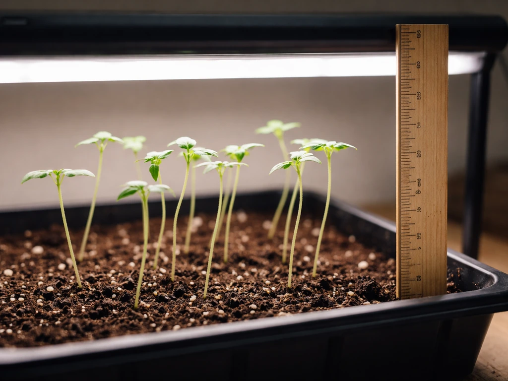 Close-up of leggy seedlings beside a grow light with a ruler measuring the distance