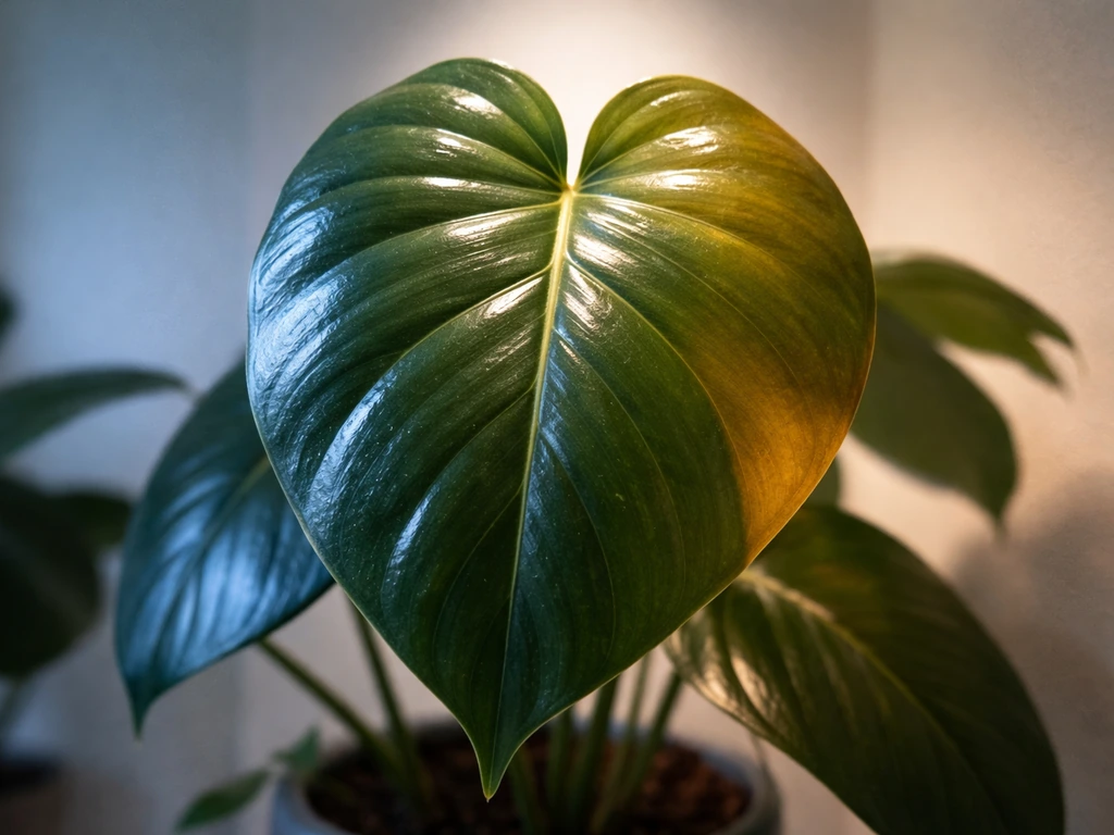 Close-up of a potted plant leaf lit in blue, warm white, and neutral LED tones to show lighting differences.