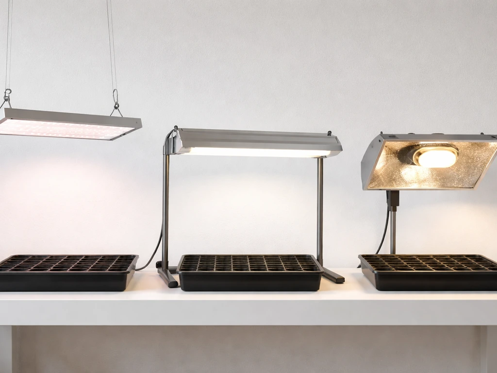 Three grow light setups side by side: LED panel, fluorescent tube, and HID lamp over simple grow trays.