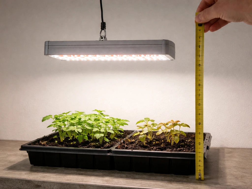 LED grow light hung at the right height over seedlings, with tape measuring distance and an example of too-close vs too-