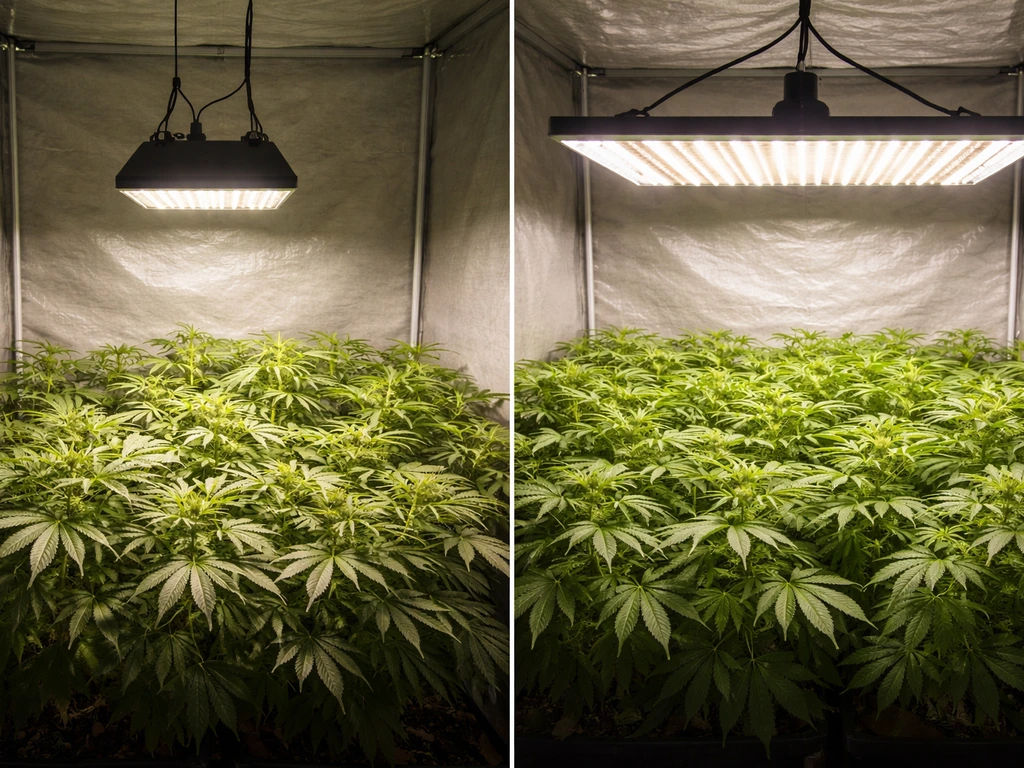Side-by-side view of too-small grow light leaving uneven coverage versus properly sized light evenly illuminating plants
