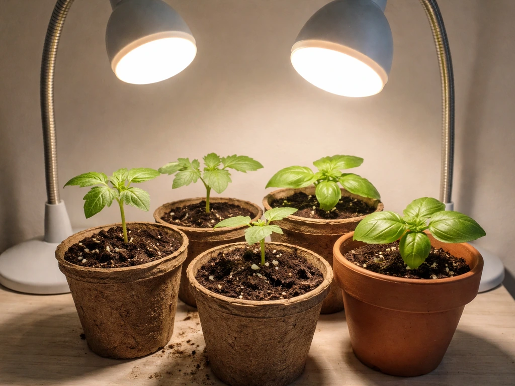 Daylight bulbs shining over small potted seedlings on a simple tabletop garden setup