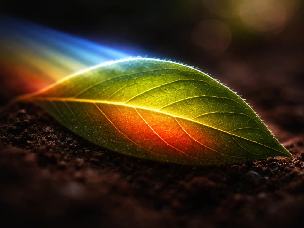 Photo-real close-up showing three lighting beams—blue, red, and full-spectrum—over a plant leaf with subtle PAR glow.