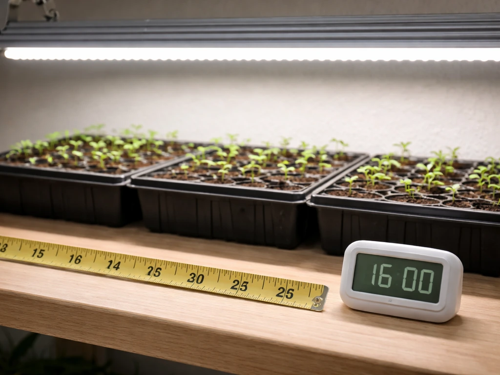 Close-up of a tape measure showing inches from an LED grow light to seedling trays with a small timer