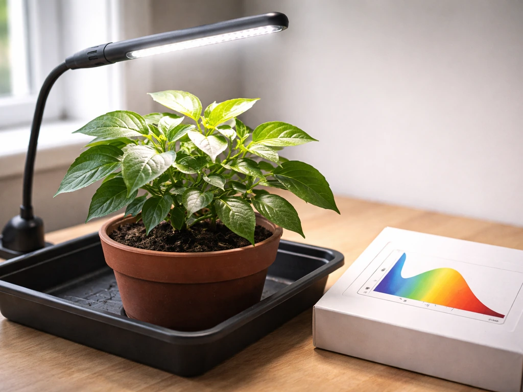 Close-up of a plant grow light near a visible spectrum label on the packaging