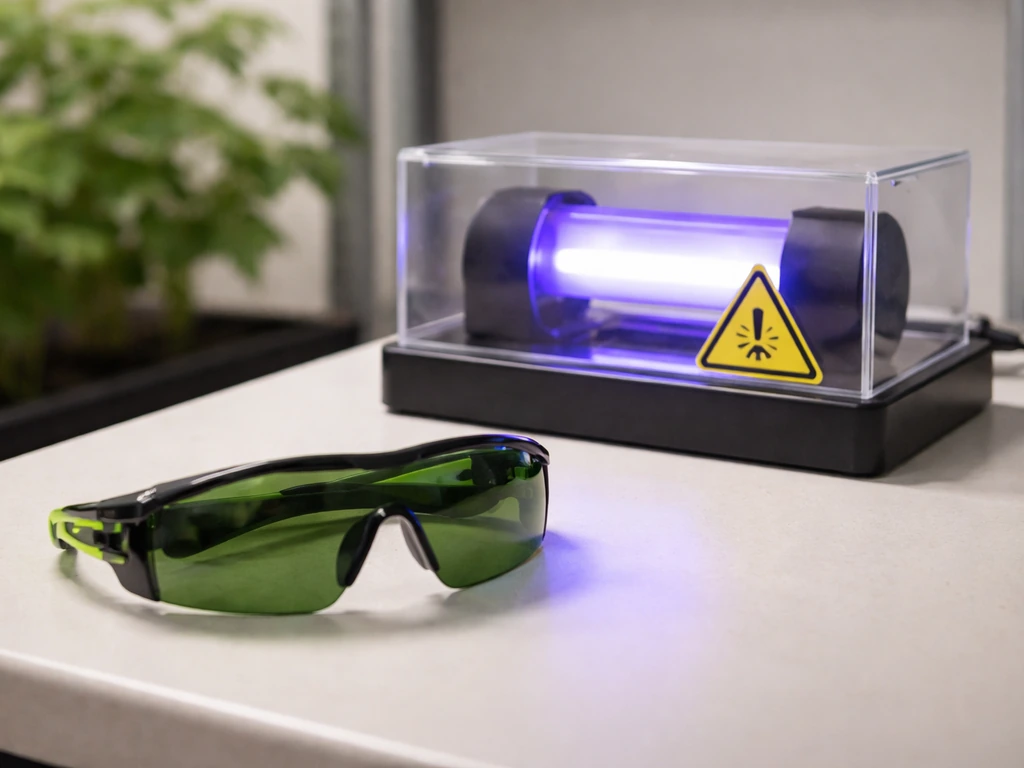 UV-rated safety goggles beside an enclosed UV-A lamp with a generic warning symbol on the cover.