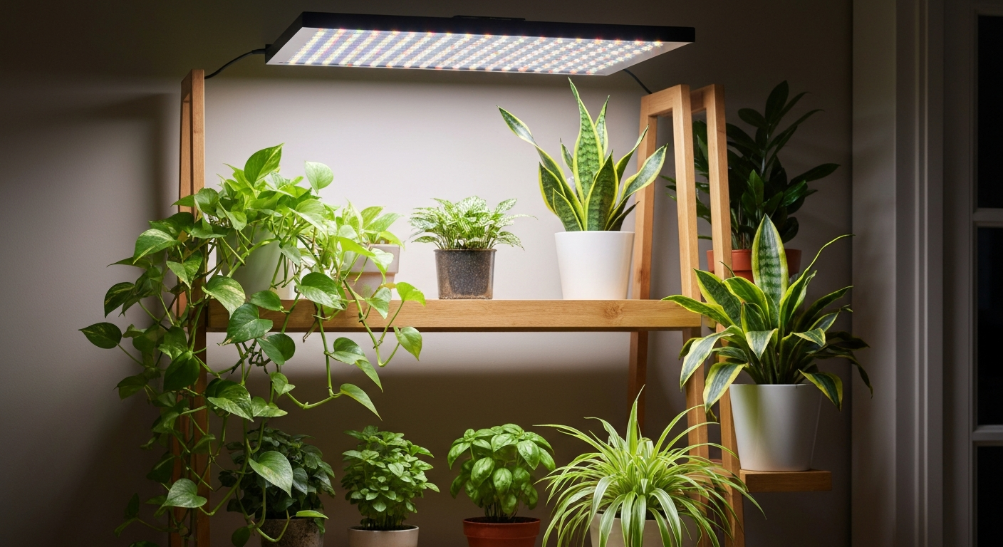 Indoor plant shelf under a full‑spectrum LED grow light showing pothos, snake plant, ZZ, spider plant, basil, and succulents