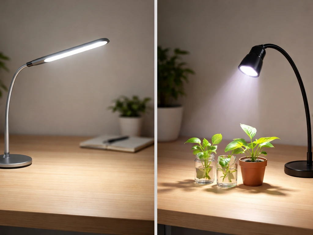 Side-by-side LED desk lamp and LED grow light casting different brightness toward plant leaves.