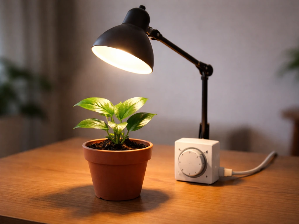 Close-up of a small desk lamp shining on a potted plant with a simple timer nearby