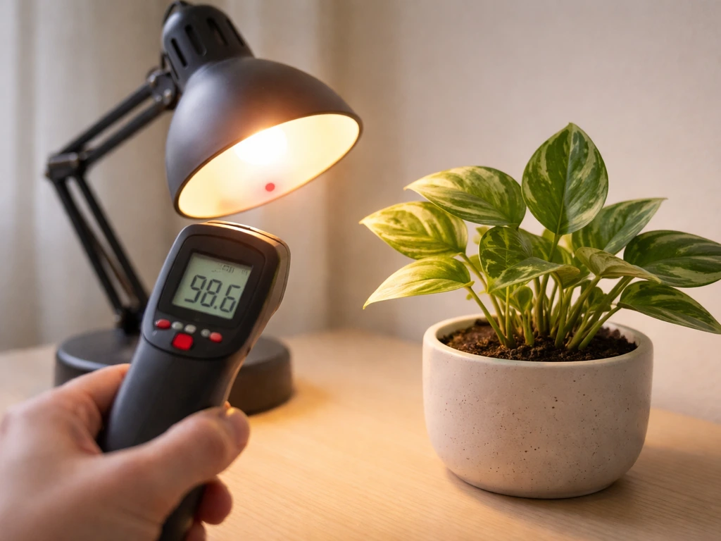 Thermometer held near a warm lamp with plant leaves to illustrate heat-safety checking