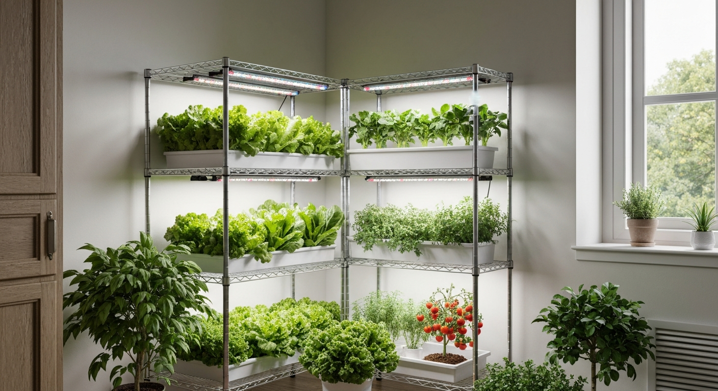 Multi-tier indoor vegetable garden under LED grow lights with healthy greens and dwarf tomato