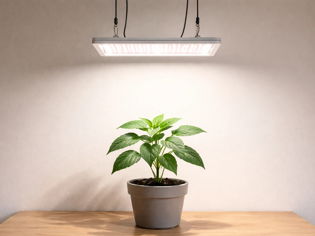LED grow light suspended above a healthy indoor plant canopy, showing light distance adjustment.