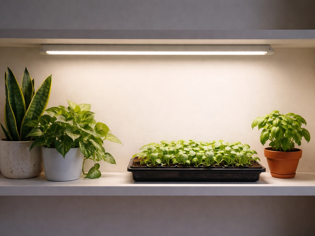 Low-light houseplants farther from a grow LED, herb seedlings closer on a simple plant shelf.
