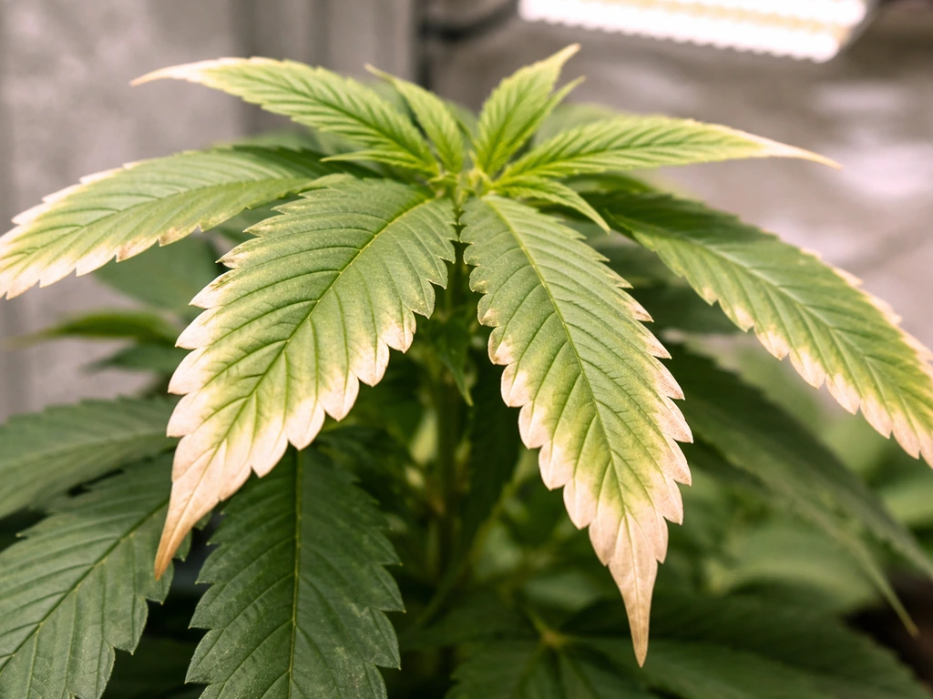Close-up of plant leaves with pale bleached tips from overly intense light near an LED grow light.