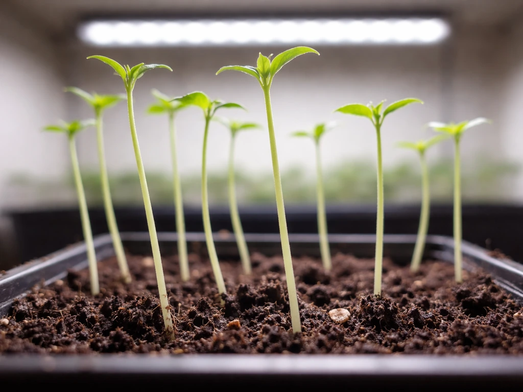 Seedlings stretching tall and thin toward a distant LED light, showing elongated stems and wide gaps.