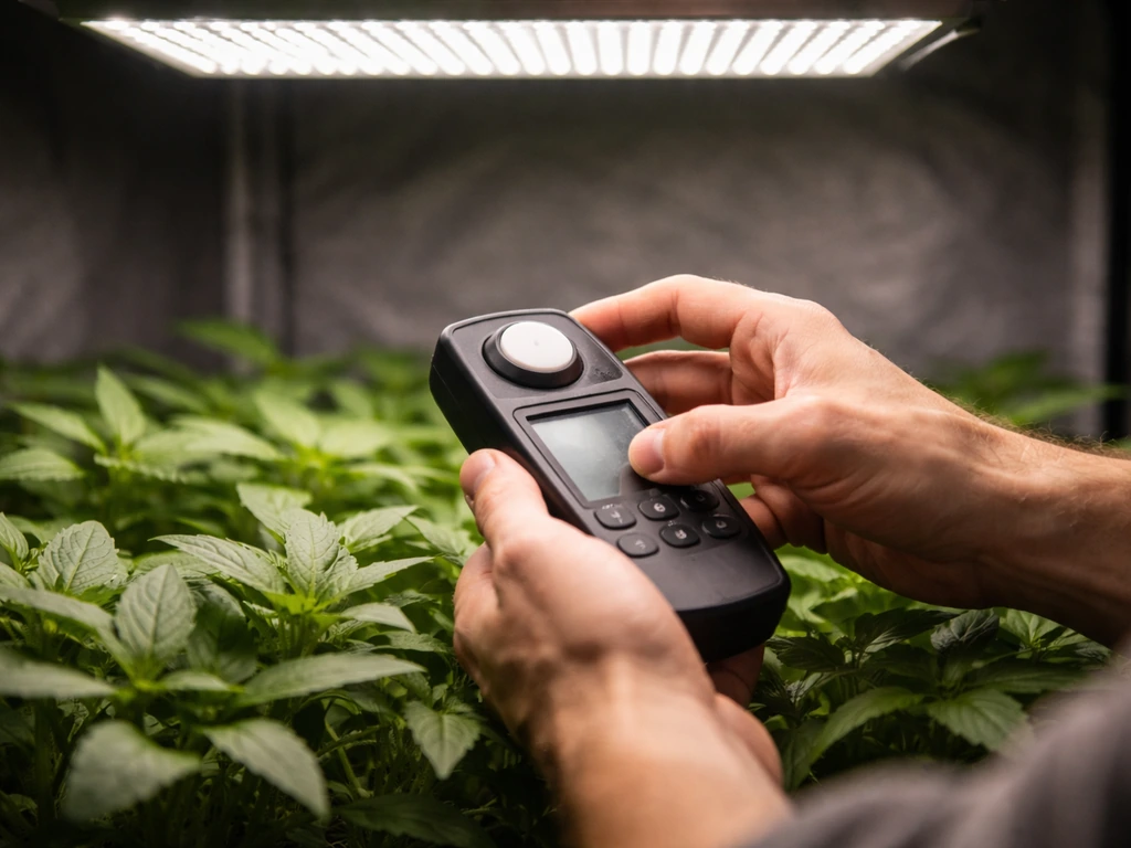 Person holding a handheld PAR/light meter near a plant canopy under an LED grow light