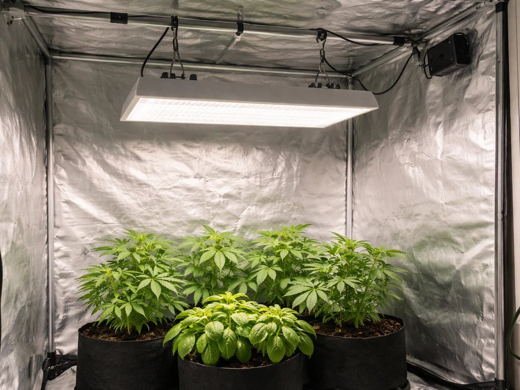 Indoor grow setup with a securely mounted LED grow light above healthy plants, showing ample safe clearance